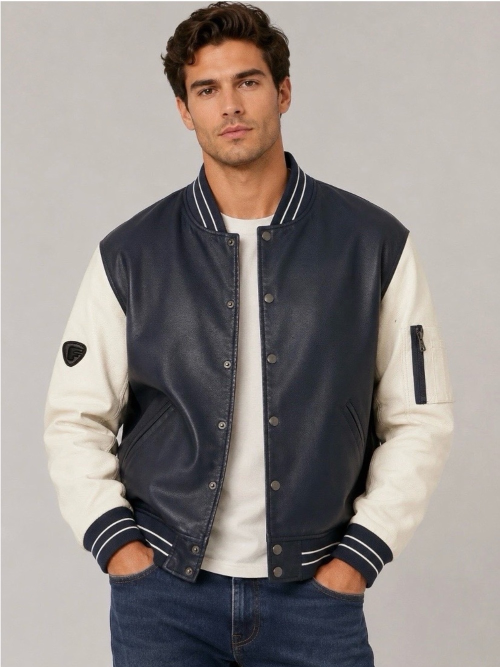 Fried Denim G NYC Navy Blue & White Faux Leather Varsity Bomber Jacket Medium
